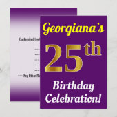 Paarse, Faux Gold 25e verjaardagsviering + naam Kaart (Voorkant / Achterkant)