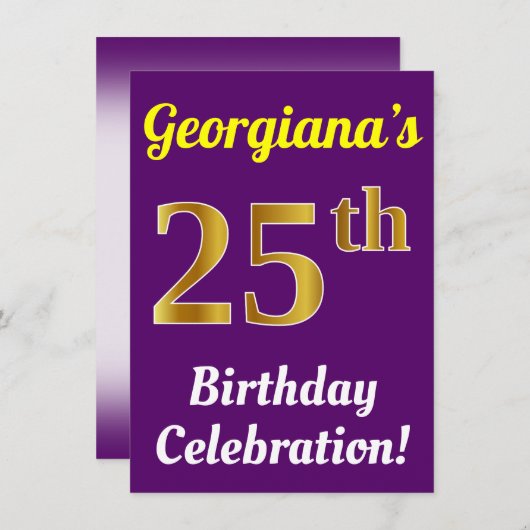 Paarse, Faux Gold 25e verjaardagsviering + naam Kaart (Voorkant / Achterkant)