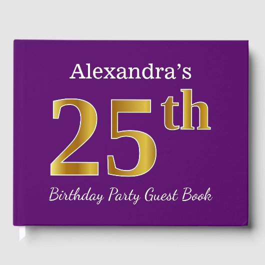 Paarse Faux Gold 25th Birthday Party; Eigen naam Gastenboek (Voorkant)