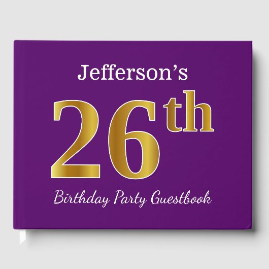 Paarse Faux Gold 26th Birthday Party; eigen naam Gastenboek (Voorkant)