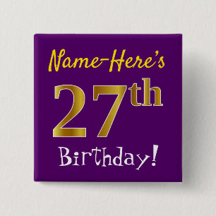 Paarse Faux Gold 27-jarige verjaardag, met aangepa Vierkante Button 5,1 Cm