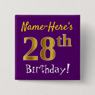 Paarse Faux Gold 28th Birthday, met aangepaste naa Vierkante Button 5,1 Cm
