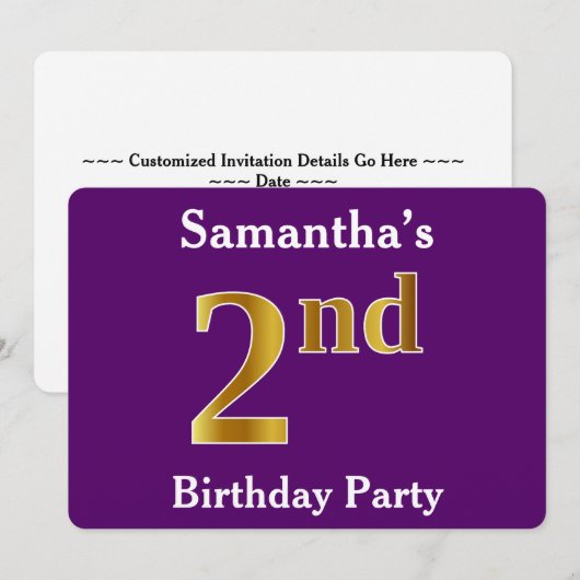 Paarse Faux Gold 2e verjaardag Partij + Eigen naam Kaart (Voorkant / Achterkant)