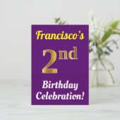 Paarse, Faux Gold 2e verjaardagsviering + naam Kaart (Staand voorkant)