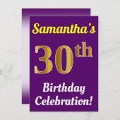 Paarse, Faux Gold 30ste verjaardagsviering + naam Kaart (Voorkant / Achterkant)