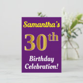 Paarse, Faux Gold 30ste verjaardagsviering + naam Kaart (Staand voorkant)