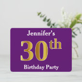 Paarse Faux Gold 30th Birthday Party; Aangepaste n Kaart (Staand voorkant)