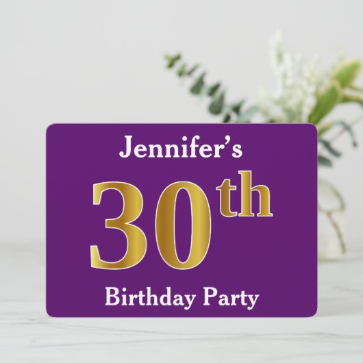 Paarse Faux Gold 30th Birthday Party; Aangepaste n Kaart (Staand voorkant)