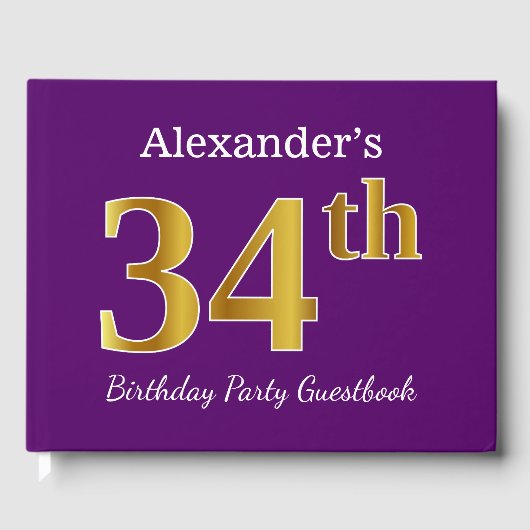 Paarse Faux Gold 34th Birthday Party; Eigen naam Gastenboek (Voorkant)