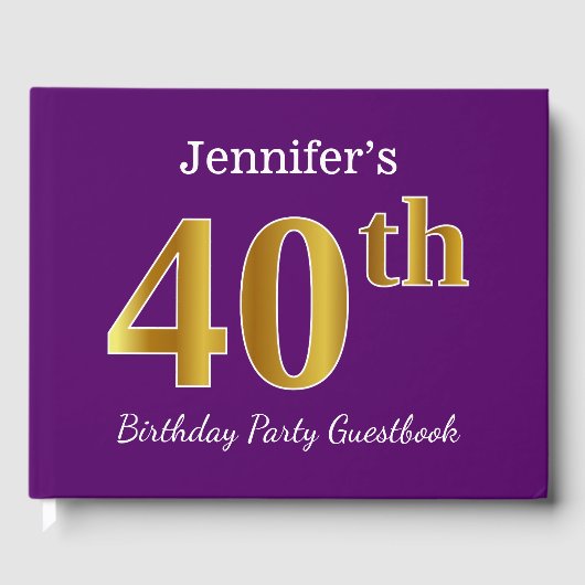 Paarse Faux Gold 40th Birthday Party; eigen naam Gastenboek (Voorkant)