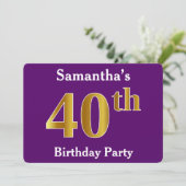 Paarse Faux Gold 40th Birthday Party; eigen naam Kaart (Staand voorkant)
