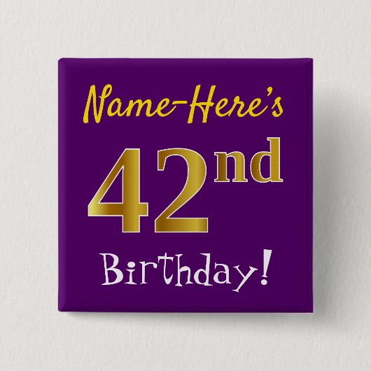Paarse, Faux Gold 42e verjaardag, met aangepaste n Vierkante Button 5,1 Cm (Voorkant)