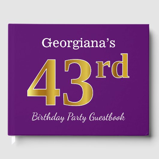 Paarse Faux Gold 43rd Birthday Party; eigen naam Gastenboek (Voorkant)