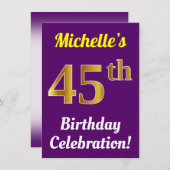 Paarse, Faux Gold 45e verjaardagsviering + naam Kaart (Voorkant / Achterkant)