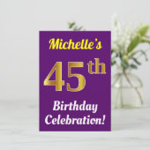 Paarse, Faux Gold 45e verjaardagsviering + naam Kaart (Staand voorkant)