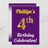 Paarse, Faux Gold 4e verjaardagsviering + naam Kaart (Voorkant / Achterkant)