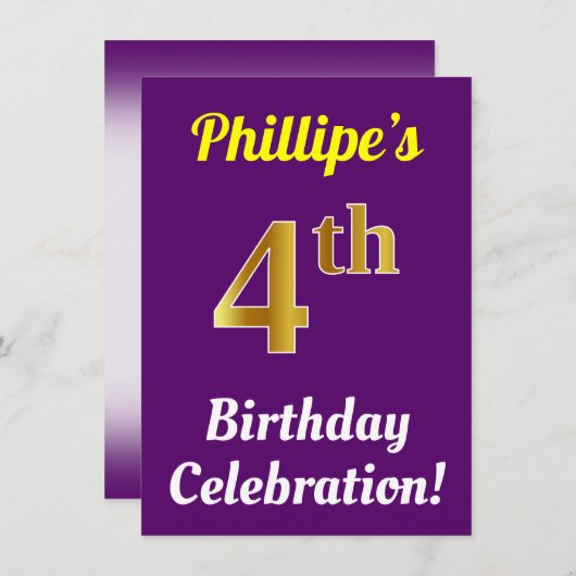 Paarse, Faux Gold 4e verjaardagsviering + naam Kaart (Voorkant / Achterkant)