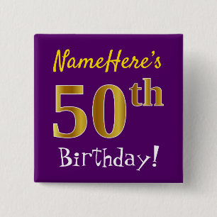 Paarse, Faux Gold 50e verjaardag, met aangepaste n Vierkante Button 5,1 Cm