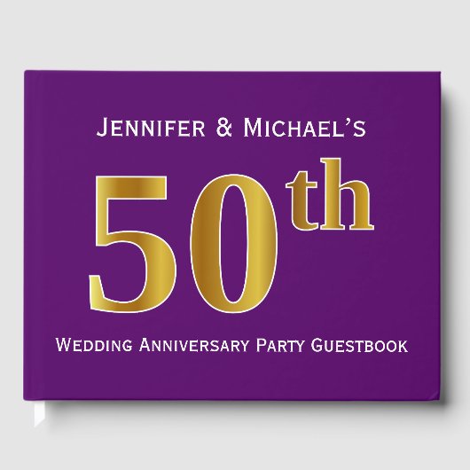 Paarse, Faux Gold 50ste bruiloft Jubileum Party Gastenboek (Voorkant)