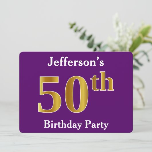 Paarse, Faux Gold 50ste verjaardagsfeestje; aangep Kaart (Staand voorkant)