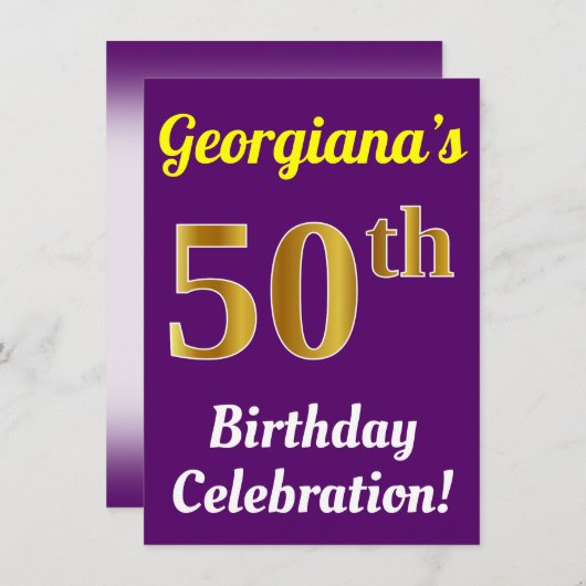 Paarse, Faux Gold 50ste verjaardagsviering + naam Kaart (Voorkant / Achterkant)