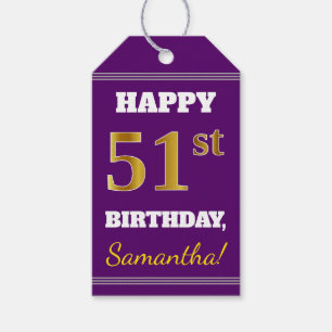 Paarse Faux Gold 51st Birthday + Aangepaste naam Cadeaulabel