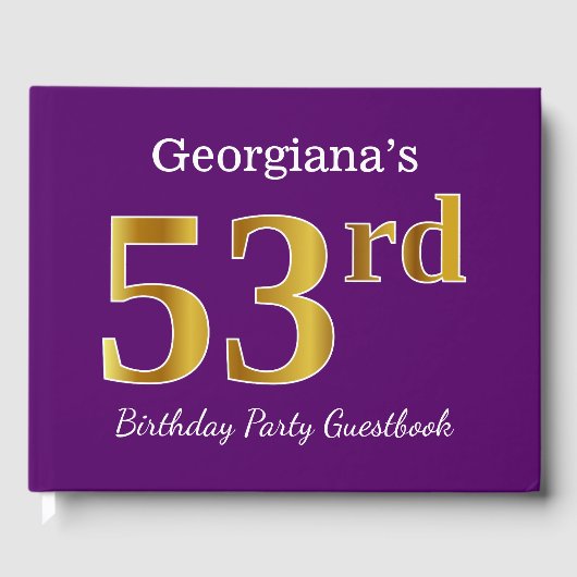 Paarse Faux Gold 53rd Birthday Party; eigen naam Gastenboek (Voorkant)