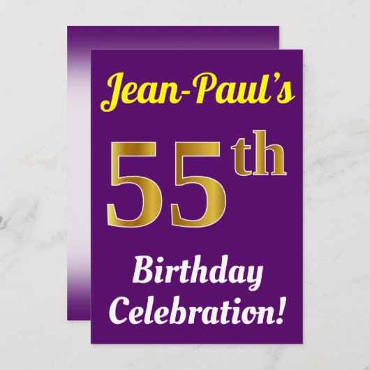 Paarse, Faux Gold 55e Verjaardagsviering + Naam Kaart (Voorkant / Achterkant)