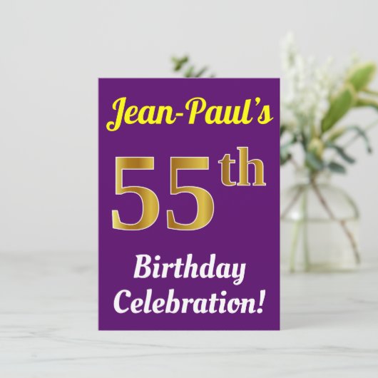 Paarse, Faux Gold 55e Verjaardagsviering + Naam Kaart (Staand voorkant)