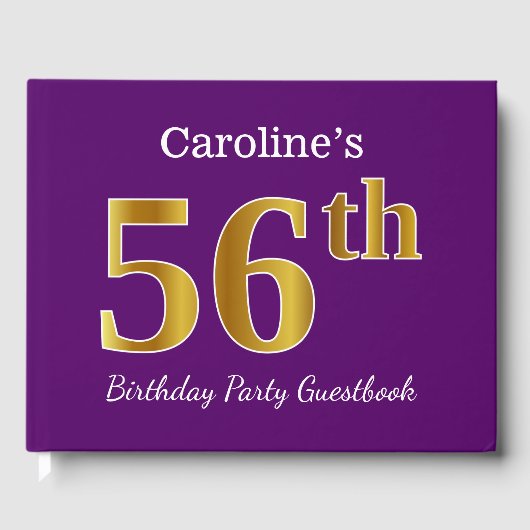 Paarse Faux Gold 56th Birthday Party; eigen naam Gastenboek (Voorkant)