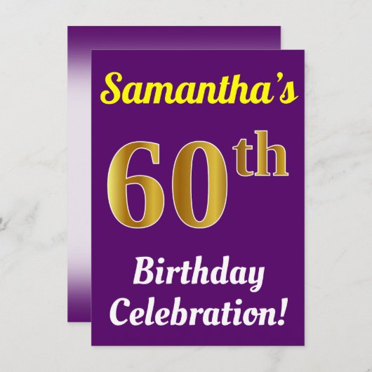 Paarse, Faux Gold 60ste verjaardagsviering + naam Kaart (Voorkant / Achterkant)