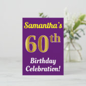 Paarse, Faux Gold 60ste verjaardagsviering + naam Kaart (Staand voorkant)