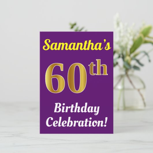 Paarse, Faux Gold 60ste verjaardagsviering + naam Kaart (Staand voorkant)