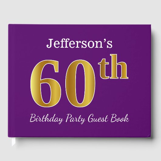 Paarse Faux Gold 60th Birthday Party; eigen naam Gastenboek (Voorkant)