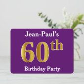 Paarse Faux Gold 60th Birthday Party; eigen naam Kaart (Staand voorkant)
