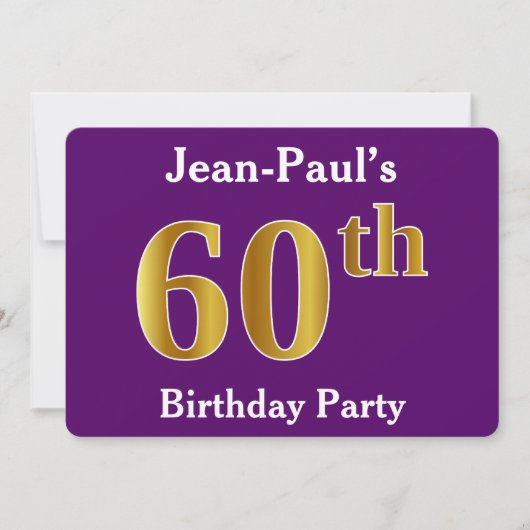 Paarse Faux Gold 60th Birthday Party; eigen naam Kaart (Voorkant)