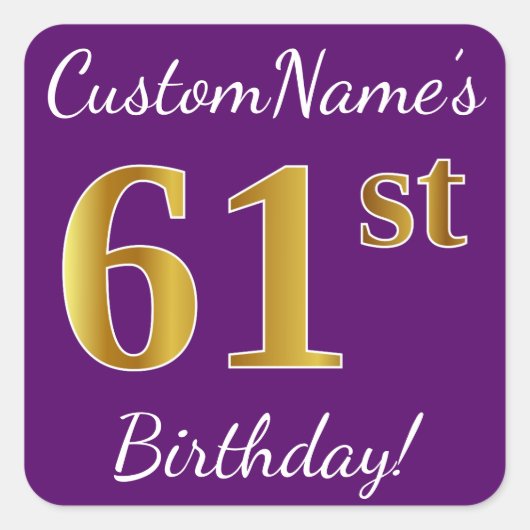 Paarse Faux Gold 61st Birthday + Aangepaste naam Vierkante Sticker (Voorkant)