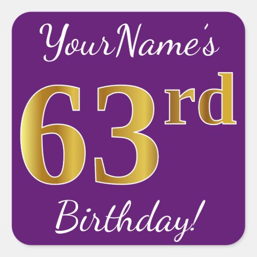 Paarse Faux Gold 63rd Birthday + Aangepaste naam Vierkante Sticker (Voorkant)