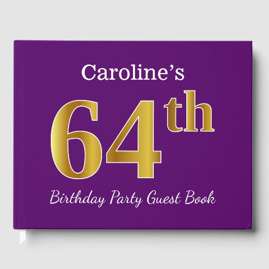 Paarse Faux Gold 64th Birthday Party; Eigen naam Gastenboek (Voorkant)