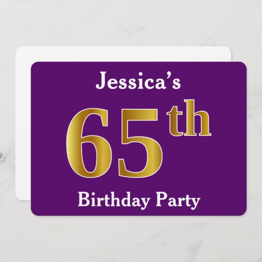 Paarse, Faux Gold 65e verjaardagsfeest; aangepaste Kaart (Voorkant / Achterkant)