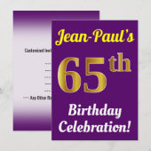 Paarse, Faux Gold 65ste verjaardagsviering + naam Kaart (Voorkant / Achterkant)