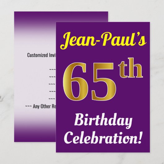 Paarse, Faux Gold 65ste verjaardagsviering + naam Kaart (Voorkant / Achterkant)