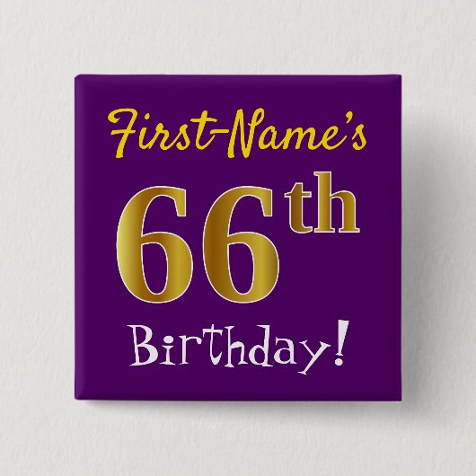 Paarse Faux Gold 66th Birthday, met aangepaste naa Vierkante Button 5,1 Cm (Voorkant)