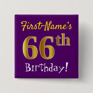 Paarse Faux Gold 66th Birthday, met aangepaste naa Vierkante Button 5,1 Cm