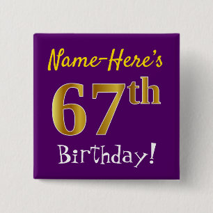 Paarse Faux Gold 67e verjaardag, met op naam Vierkante Button 5,1 Cm