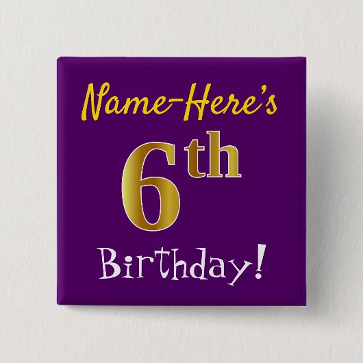 Paarse, Faux Gold 6th Birthday, met aangepaste naa Vierkante Button 5,1 Cm (Voorkant)