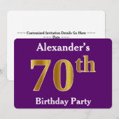 Paarse Faux Gold 70th Birthday Party; eigen naam Kaart (Voorkant / Achterkant)