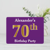 Paarse Faux Gold 70th Birthday Party; eigen naam Kaart (Staand voorkant)