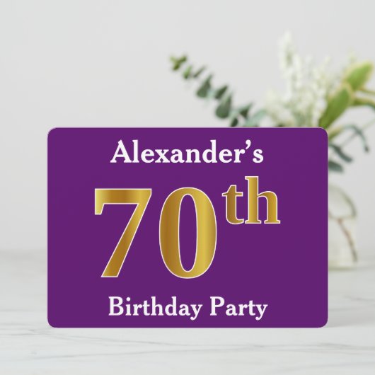 Paarse Faux Gold 70th Birthday Party; eigen naam Kaart (Staand voorkant)