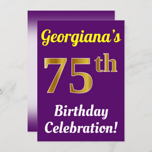 Paarse, Faux Gold 75ste verjaardagsviering + naam Kaart (Voorkant / Achterkant)
